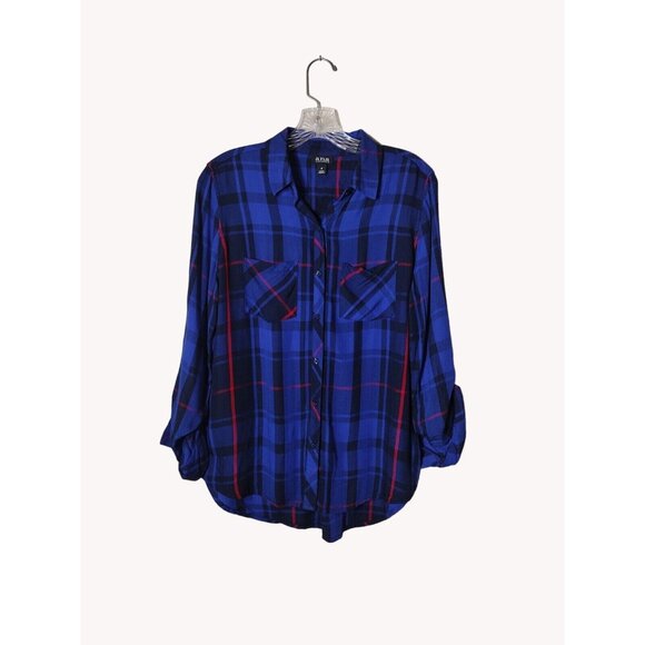 A New Approach Top Small Long Sleeve Plaid Button Up Pockets Tab Sleeve - Picture 1 of 13